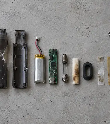 A spent cannabis oil cartridge and pen battery beside a disposable vape taken fully apart on a concrete bench, showing the split shell, lithium cell, circuit board, coil, wick, gasket and tape