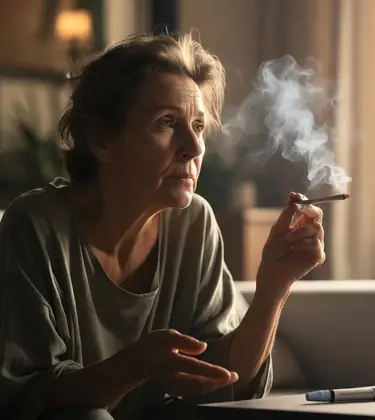 Realistic stock photo of a middle-aged woman sitting thoughtfully on a sofa in a sunlit living room, holding a lit joint while looking at a semaglutide injection pen on the coffee table beside her.