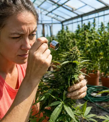 Woman in a greenhouse holding a jeweler's loupe up to a cannabis bud, examining it closely with a skeptical expression.