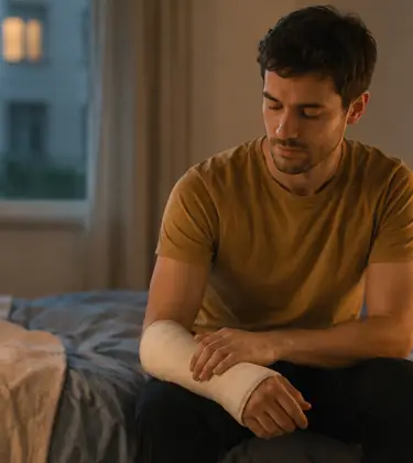 Young man sitting on the edge of a bed looking down at a plaster cast on his forearm