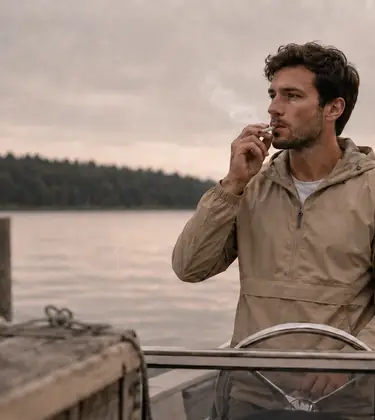 Man standing at the helm of a moored motorboat at dusk holding an unlit joint and looking out over calm water.
