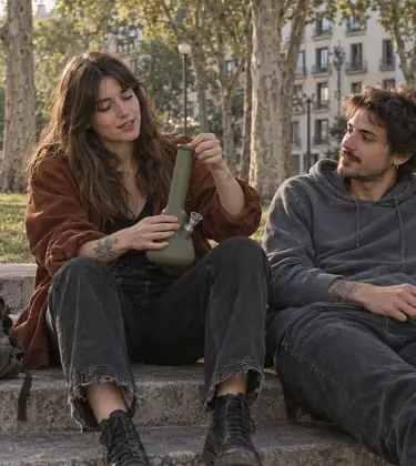 Two young friends sitting on park steps in late afternoon, one holding a soft olive silicone water pipe and bending its neck, bikes and a backpack beside them
