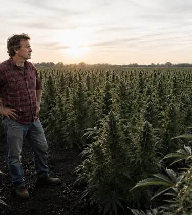 Farmer standing at the edge of a large field of mature cannabis plants in late afternoon sunlight.