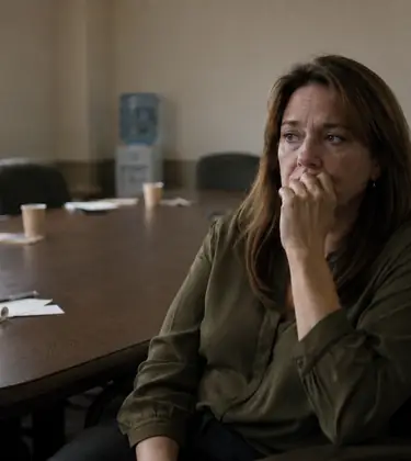 Woman sitting alone at the table in an empty jury deliberation room with chairs pushed back around her.