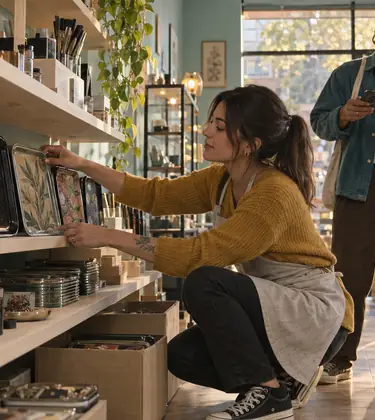 A shop assistant crouching to arrange printed metal rolling trays on a low timber shelf while a customer behind her examines one he is holding
