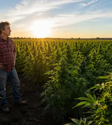 Farmer standing at the edge of a large field of mature cannabis plants in late afternoon sunlight.