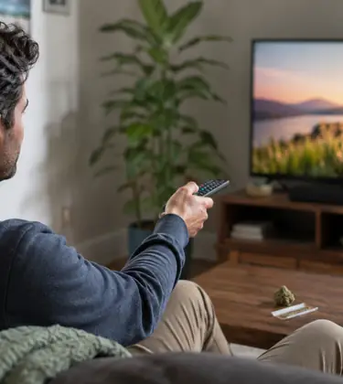 Adult man sitting on a couch with a TV remote, watching a screen in a modern living room with a small cannabis flower on the coffee table.