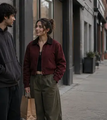 Two young friends in streetwear talking on a city sidewalk outside a plain shopfront, one holding a paper shopping bag