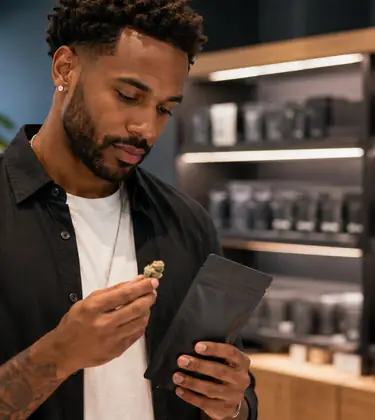 A man in a modern cannabis dispensary examines a small cannabis flower while holding a plain black product pouch, with blurred shelves of packaging behind him.