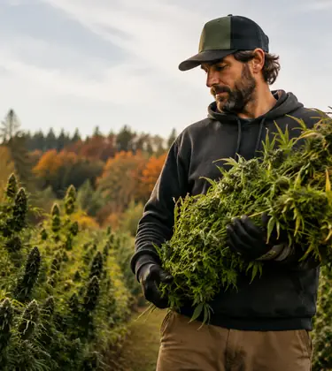 Cannabis grower carrying freshly harvested branches through an outdoor field during the autumn harvest season.