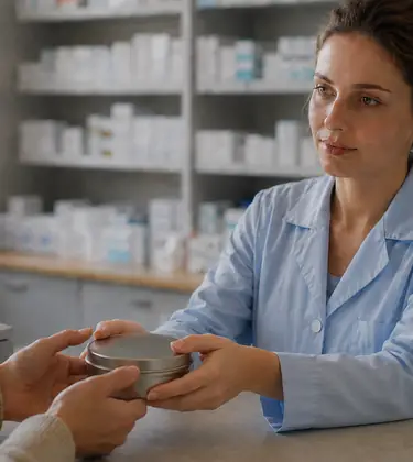 Pharmacist in a pale blue coat handing a plain steel tin across a pharmacy counter to a waiting customer.