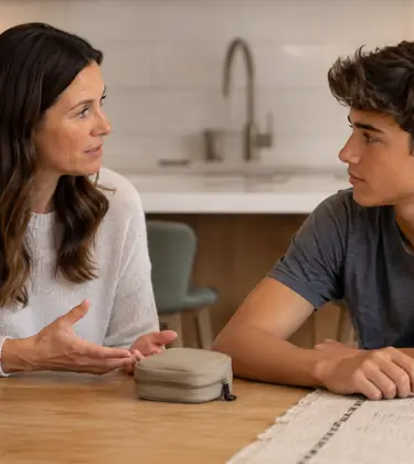 Mother having a serious conversation with her teenage son at the kitchen table, with a small locked storage pouch between them.
