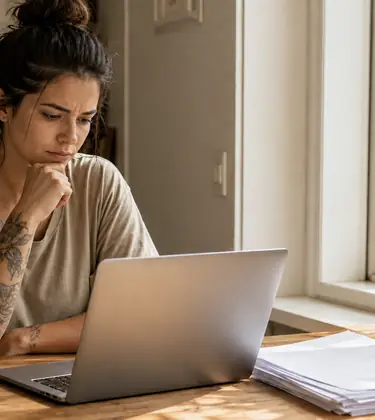 Young woman at a kitchen table looking intently at a laptop, a stack of paperwork beside her.