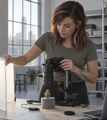 Young photographer adjusting a diffusion panel over a single cannabis bud on a tabletop set in a warehouse studio at sunrise, camera mounted on a focusing rail above it