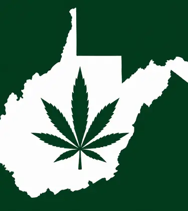 White silhouette of West Virginia on a dark green background, with a dark green cannabis leaf centered inside the state outline.