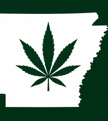 White silhouette of Arkansas on a dark green background, with a dark green cannabis leaf centered inside the state outline.