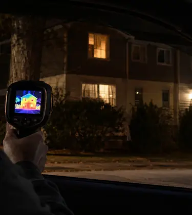 A man inside a parked car uses a thermal imaging camera to scan a house across a quiet suburban street at night.