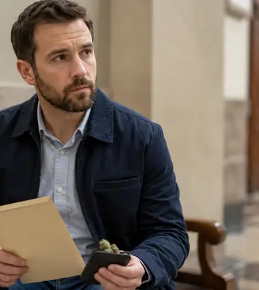 Man holding a jury summons and a small pouch of cannabis while waiting inside a courthouse.