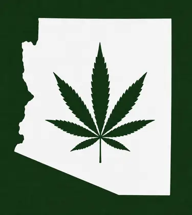 White silhouette of Arizona on a dark green background, with a dark green cannabis leaf centered inside the state outline.