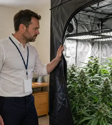 Man in work clothes standing at the entrance of a home grow tent looking at cannabis plants under grow lights.