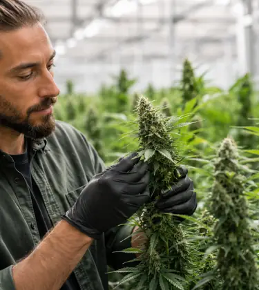 Cannabis grower inspecting mature flowering plants in a greenhouse.