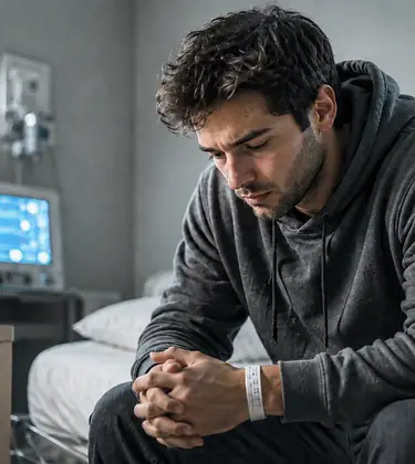 Man in a hoodie sitting on the edge of a hospital bed at night in dim light, wearing a hospital wristband.