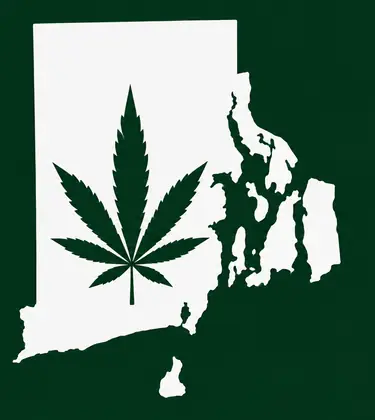 White silhouette of Rhode Island on a dark green background, with a dark green cannabis leaf centered inside the state outline.