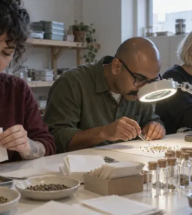 Three people at a seed packing bench in early morning light, one filling a paper envelope from a dish of seeds, one examining seeds under a magnifier lamp and one setting out glass vials beside a scale