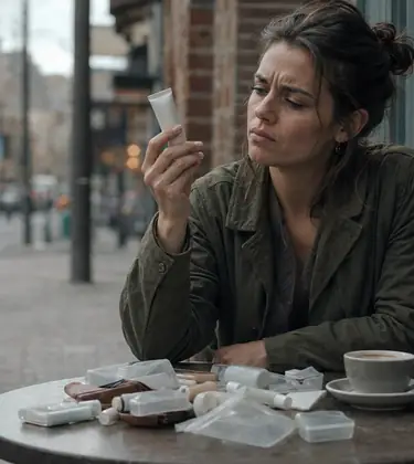 Young woman at a kitchen counter looking at a pile of empty plastic cannabis containers and tubes she has emptied out