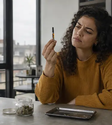 Young woman at a kitchen island holding an unlabeled amber vape cartridge up to the light with a jar of cannabis flower beside her