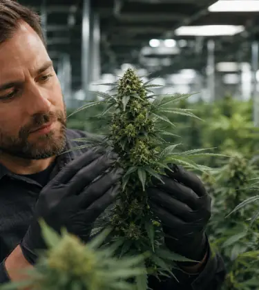 Cannabis breeder wearing gloves inspects a flowering plant inside a professional indoor grow room.