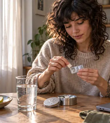 A young woman at a kitchen table in morning light pressing a piece of gum from a blister card beside a tin with a cannabis leaf on the lid