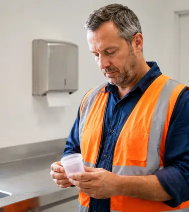 Man in a work shirt looking down at a plain specimen cup in a clinic collection room.