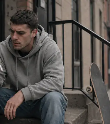 Young man sitting on apartment steps frowning at a small crumpled foil packet in his hand.