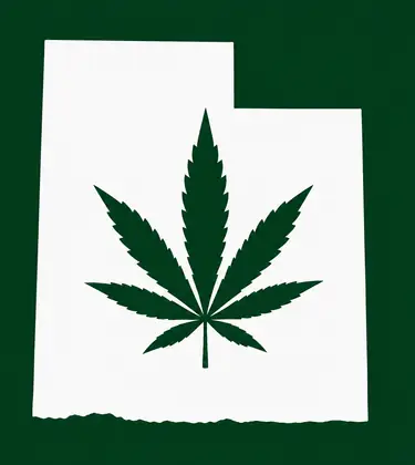 White silhouette of Utah on a dark green background, with a dark green cannabis leaf centered inside the state outline.
