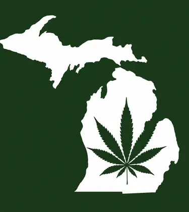 White silhouette of Michigan on a dark green background, with a dark green cannabis leaf centered inside the Lower Peninsula.