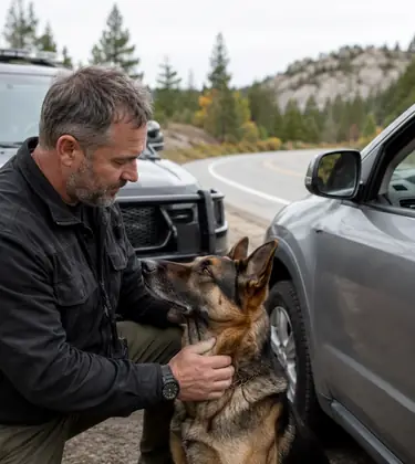 Police K9 handler kneeling beside a German Shepherd near a patrol SUV and civilian car during a quiet roadside stop.