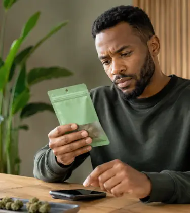 Man checking a cannabis package and phone for product safety information at a wooden table.