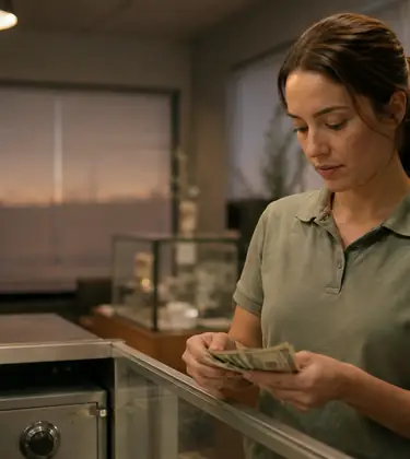 Retail worker counting notes behind a counter at closing time with a metal drop safe beneath the till
