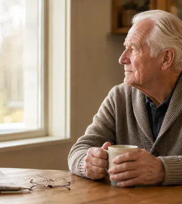 Older man sitting at a kitchen table holding a mug with both hands and looking out of the window.
