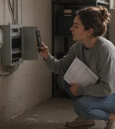 Young woman crouching beside a domestic electricity meter photographing the reading with her phone