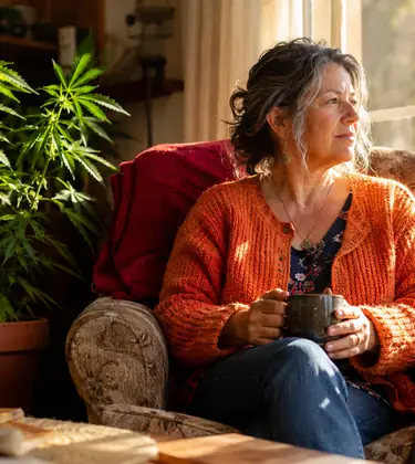 Woman in an orange cardigan sitting in an armchair by a sunny window with a walking stick beside her and a cannabis plant in a pot.