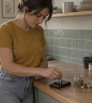 Young woman standing at a kitchen counter lowering a small calibration weight onto a compact digital pocket scale, a jar of flower beside her