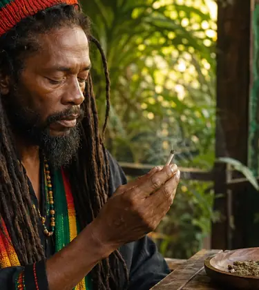 A Rastafarian man in red, gold, and green clothing holds a smoking spliff in a quiet outdoor veranda setting with cannabis leaves and loose herb on a wooden tray.