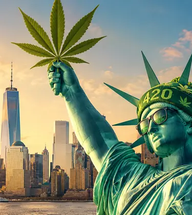Statue of Liberty wearing sunglasses and a green 420 hat, holding a large cannabis leaf above the New York City skyline at sunset.