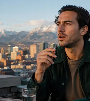 Man holding a joint beside a glass of water on a Denver rooftop, with the city skyline and Rocky Mountains behind him.