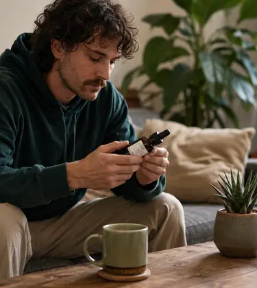 A man sitting on a sofa examines a small cannabinoid tincture bottle in a bright, modern living room.