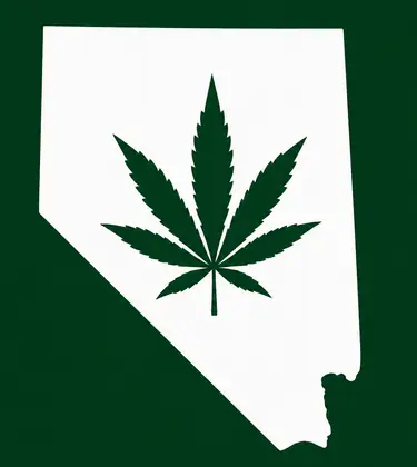 White silhouette of Nevada on a dark green background, with a dark green cannabis leaf centered inside the state outline.