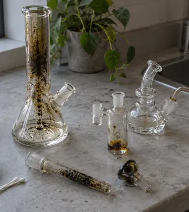 A bong taken apart on a concrete bench beside a dab rig and a reclaim catcher, with dark resin inside the neck, amber reclaim in the catcher, and isopropyl alcohol and salt ready for cleaning