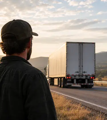 A man stands beside a rural highway looking toward a semi-truck driving away, with rows of mature cannabis plants growing alongside the road under warm golden-hour light and rolling hills in the background.